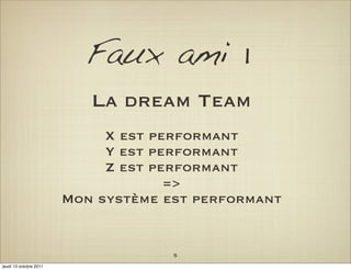Faux ami 1
                           La dream Team
                             X est performant
                             Y est performant
                             Z est performant
                                     =>
                        Mon système est performant


                                     5
jeudi 13 octobre 2011
 