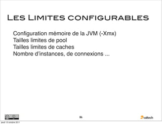 Les Limites configurables
             Conﬁguration mémoire de la JVM (-Xmx)
             Tailles limites de pool
             Tailles limites de caches
             Nombre dʼinstances, de connexions ...




                                    86
jeudi 13 octobre 2011
 