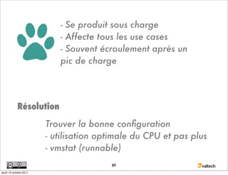- Se produit sous charge
                           - Affecte tous les use cases
                           - Souvent écroulement après un
                           pic de charge




            Résolution
                        Trouver la bonne conﬁguration
                        - utilisation optimale du CPU et pas plus
                        - vmstat (runnable)
                                        89
jeudi 13 octobre 2011
 