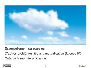Essentiellement du scale out
Dʼautres problèmes liés à la mutualisation (latence I/O)
Coût de la montée en charge

                            13
 
