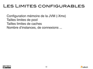 Les Limites configurables

 Conﬁguration mémoire de la JVM (-Xmx)
 Tailles limites de pool
 Tailles limites de caches
 Nombre dʼinstances, de connexions ...




                         51
 