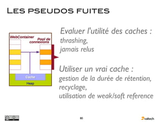 Les pseudos fuites

         Evaluer l'utilité des caches :
         thrashing,
         jamais relus

         Utiliser un vrai cache :
         gestion de la durée de rétention,
         recyclage,
         utilisation de weak/soft reference

                80
 
