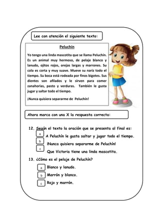 12. Según el texto la oración que se presenta al final es:
A Peluchín le gusta saltar y jugar todo el tiempo.
¡Nunca quisiera separarme de Peluchín!
Que Victoria tiene una linda mascotita.
13. ¿Cómo es el pelaje de Peluchín?
Blanco y lanudo.
Marrón y blanco.
Rojo y marrón.
Lee con atención el siguiente texto:
Ahora marca con una X la respuesta correcta:
a
b
c
Peluchín
Yo tengo una linda mascotita que se llama Peluchín.
Es un animal muy hermoso, de pelaje blanco y
lanudo, ojitos rojos, orejas largas y marrones. Su
cola es corta y muy suave. Mueve su nariz todo el
tiempo. Su boca está rodeada por finos bigotes. Sus
dientes son afilados y le sirven para comer
zanahorias, pasto y verduras. También le gusta
jugar y saltar todo el tiempo.
¡Nunca quisiera separarme de Peluchín!
b
a
c
 
