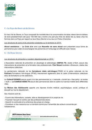 13
F – Le Pays du Haut val de Sèvres
En haut Val de Sèvres, le Taux comparatif de mortalité liée à la consommation de tabac relevé dans le tableau
de bord précédemment cité (pour 100 000 hab.) montre une part plus forte de décès liés au tabac chez les
femmes dans ce Pays par rapport au taux Deux-Sévrien et au taux en Poitou-Charentes.
Les structures de soins et de prévention existantes sur le territoire en 2014 :
Alcool assistance - La Croix d’or ainsi que Nouvelle vie sans alcool sont présentent sous forme de
permanence pour aider et accompagner les personnes et l’entourage en difficulté avec l’alcool.
G – En Deux-Sèvres
Les structures de prévention à vocation départementale en 2014 :
L’Association nationale de prévention en alcoologie et addictologie (ANPAA 79), située à Niort, assure des
interventions de prévention et la formation des professionnels. Prév’Alcool localisée à Bressuire, réalise des
interventions collectives.
La gendarmerie nationale via les formateurs relais anti-drogue (FRAD) et la police nationale via les
Policiers Formateurs Anti-drogue (PFAD) interviennent également dans le cadre d’interventions collectives
et/ou de formations sur les addictions.
Le Collectif EKINOX assure quant à lui des permanences ou « maraude » durant les « free party » et autres
« teufs ». Le CAARUD AIDES 79 assure des permanences dans le cadre d’un service mobile dans différentes
villes.
La Maison des Adolescents apporte une réponse d’ordre médical, psychologique, social, juridique et
éducatif sur tout le département.
Ses missions sont de :
- Fournir des informations, conseils, aide au développement d’un projet de vie.
- Favoriser l’accueil en continu par des professionnels divers.
- Garantir la continuité et la cohérence des prises en charge.
- Constituer un lieu ressource sur un territoire donné pour l’ensemble des acteurs concernés par
l’adolescence.
 