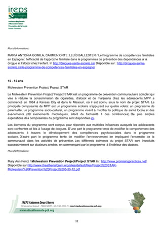 32
Plus d’informations:
MARIA ANTONIA GOMILA, CARMEN ORTE, LLUÍS BALLESTER / Le Programme de compétences familiales
en Espagne : l’efficacité de l’approche familiale dans le programmes de prévention des dépendances à la
drogue et l’alcool chez l’enfant. In http://drogues-sante-societe.ca/ Disponible sur : http://drogues-sante-
societe.ca/le-programme-de-competences-familiales-en-espagne/
10 - 15 ans
Midwestern Prevention Project/ Project STAR
Le Midwestern Prevention Project/ Project STAR est un programme de prévention communautaire complet qui
vise à réduire la consommation de cigarettes, d'alcool et de marijuana chez les adolescents. MPP a
commencé en 1984 à Kansas City et dans le Missouri, où il est connu sous le nom de projet STAR. La
principale composante de MPP est un programme scolaire s’appuyant sur quatre volets: un programme de
parentalité, un programme socio-culturel, un programme visant à modifier la politique de santé locale et des
événements (30 événements médiatiques, allant de l'actualité à des conférences). De plus amples
explications des composantes du programme sont disponibles ici.
Les éléments du programme sont conçus pour répondre aux multiples influences auxquels les adolescents
sont confrontés et liés à l'usage de drogues. D’une part le programme tente de modifier le comportement des
adolescents à travers le développement des compétences psychosociales dans le programme
scolaire. D’autre part le programme tente de modifier l'environnement en impliquant l'ensemble de la
communauté dans les activités de prévention. Les différents éléments du projet STAR sont introduits
successivement sur plusieurs années, en commençant par le programme à l’intérieur des classes.
Plus d’informations:
Mary Ann Pentz / Midwestern Prevention Project/Project STAR In : http://www.promisingpractices.net/
Disponible sur http://www.theathenaforum.org/sites/default/files/Project%20STAR-
Midwestern%20Prevention%20Project%205-30-12.pdf
 