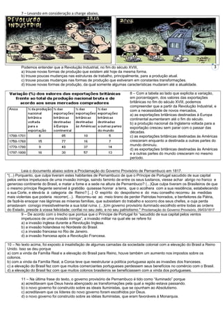 7 – Levando em consideração a charge abaixo,




        Podemos entender que a Revolução Industrial, no fim do século XVIII,                                                 3
        a) trouxe novas formas de produção que existem até hoje da mesma forma.
        b) trouxe poucas mudanças nas estruturas de trabalho, principalmente, para a produção atual.
        c) trouxe poucas mudanças nas formas de produção que estiveram em constantes transformações.
        d) trouxe novas formas de produção, da qual somente algumas características mudaram até a atualidade.

                                                                          8 – Com a tabela ao lado que explicita a variação,
                                                                          em porcentagem, dos valores das exportações
                                                                          britânicas no fim do século XVIII, podemos
                                                                          compreender que a partir da Revolução Industrial, e
                                                                          com a necessidade de novos mercados,
                                                                          a) as exportações britânicas destinadas à Europa
                                                                          continental aumentaram até o fim do século.
                                                                          b) a produção nacional da Inglaterra voltada para a
                                                                          exportação cresceu sem parar com o passar das
                                                                          décadas.
                                                                          c) as exportações britânicas destinadas às Américas
                                                                          cresceram enquanto a destinada a outras partes do
                                                                          mundo diminuiu.
                                                                          d) as exportações britânicas destinadas às Américas
                                                                          e a outras partes do mundo cresceram no mesmo
                                                                          período.


          Leia o documento abaixo sobre a Proclamação do Governo Provisório de Pernambuco em 1817.
"(...) Porquanto, que culpa tiveram estes habitantes de Pernambuco de que o Príncipe de Portugal sacudido de sua capital
pelos ventos impetuosos de uma invasão inimiga, saindo faminto de entre os seus lusitanos, viesse achar abrigo no franco e
generoso continente do Brasil, e matar a fome e a sede na altura de Pernambuco? (...)Que culpa tiveram os Brasileiros de que
o mesmo príncipe Regente sensível à gratidão quisesse honrar a terra, que o acolhera com a sua residência, estabelecendo
a sua Corte, e elevá-la à categoria de Reino? [...] O espírito do despotismo e do mau conselho recorreu às medidas
mais violentas que poderia recorrer(...). Recorreu-se ao meio tirano de perder Patriotas honrados, e benfeitores da Pátria,
de fazê-la ensopar nas lágrimas as míseras famílias, que subsistiam do trabalho e socorro dos seus chefes, e cuja perda
arrastavam consigo irresistivelmente a sua total ruína. (...)Um governo provisório iluminado escolhido entre todas as ordens
do Estado, preside à vossa felicidade; confiai no seu zelo, e no seu patriotismo." Proclamação do Governo Provisório, 09/03/1817
          9 – De acordo com o trecho que pontua que o Príncipe de Portugal foi “sacudido de sua capital pelos ventos
          impetuosos de uma invasão inimiga”, a invasão militar na qual ele se refere foi
          a) a invasão inglesa durante a Revolução Inglesa.
          b) a invasão holandesa no Nordeste do Brasil.
          c) a invasão francesa no Rio de Janeiro.
          d) a invasão francesa após a Revolução Francesa.

10 – No texto acima, foi exposto à insatisfação de algumas camadas da sociedade colonial com a elevação do Brasil a Reino
Unido. Isso se deu porque
a) com a vinda da Família Real e a elevação do Brasil para Reino, houve também um aumento nos impostos sobre os
colonos.
b) com a vinda da Família Real, a Coroa teve que reestruturar a política portuguesa após as invasões dos franceses.
c) a elevação do Brasil fez com que muitos comerciantes portugueses perdessem seus benefícios no comércio com o Brasil.
d) a elevação do Brasil fez com que muitos colonos brasileiros se beneficiassem com a vinda dos portugueses.

        11 – Na última frase do texto, o governo provisório de Pernambuco é tido como “iluminado” porque
        a) acreditavam que Deus havia abençoado as transformações pela qual a região estava passando.
        b) o novo governo foi construído sobre as ideais Iluministas, que se opunham ao Absolutismo.
        c) acreditavam que os líderes do novo governo foram escolhidos por Deus.
        d) o novo governo foi construído sobre as idéias Iluministas, que eram favoráveis à Monarquia.
 