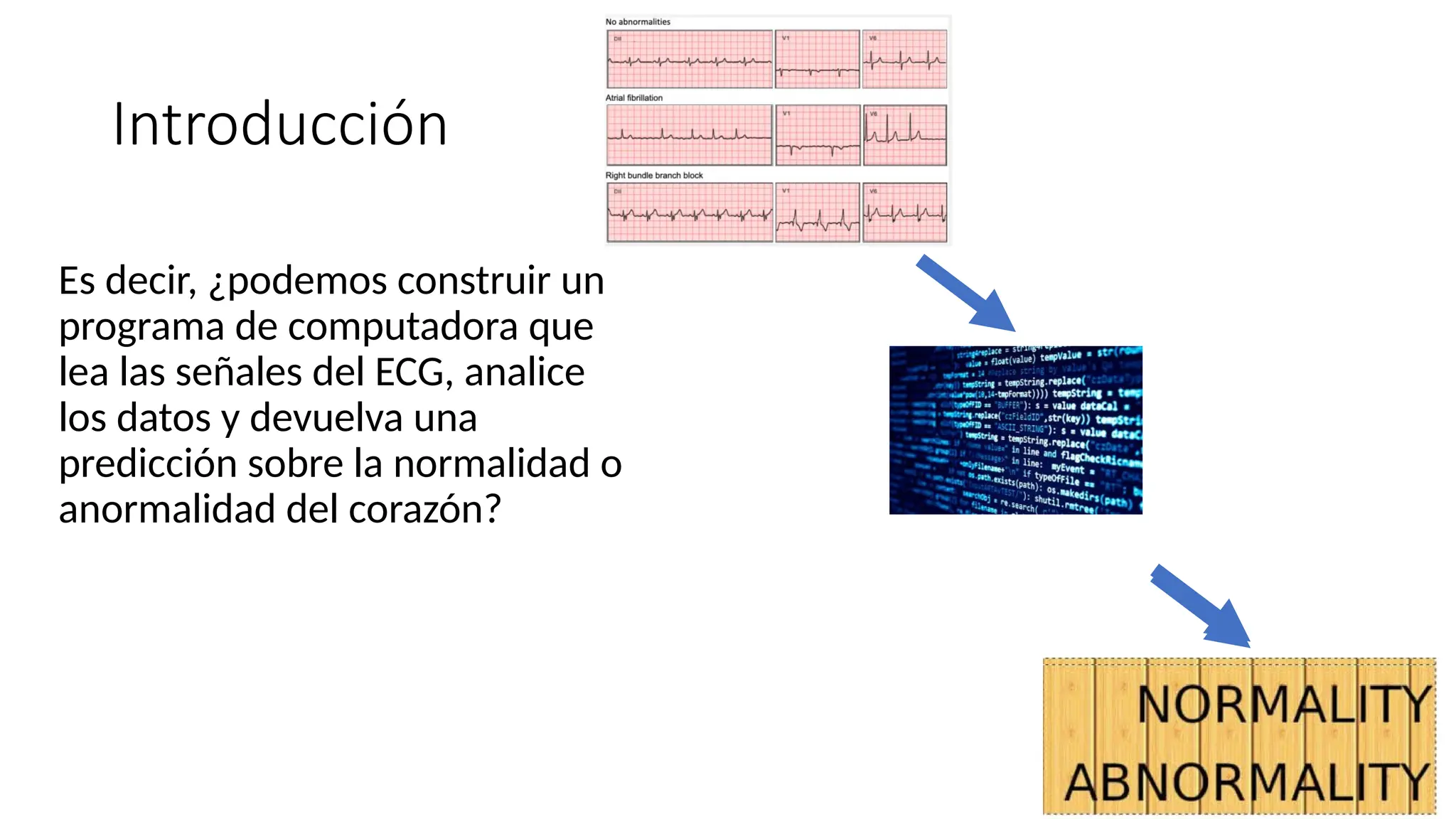 Introducción
Es decir, ¿podemos construir un
programa de computadora que
lea las señales del ECG, analice
los datos y devuelva una
predicción sobre la normalidad o
anormalidad del corazón?
 