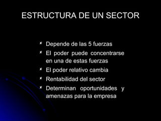 ESTRUCTURA DE UN SECTOR
 Depende de las 5 fuerzas
Depende de las 5 fuerzas
 El poder puede concentrarse
El poder puede concentrarse
en una de estas fuerzas
en una de estas fuerzas
 El poder relativo cambia
El poder relativo cambia
 Rentabilidad del sector
Rentabilidad del sector
 Determinan oportunidades y
Determinan oportunidades y
amenazas para la empresa
amenazas para la empresa
 