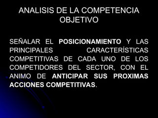 ANALISIS DE LA COMPETENCIA
OBJETIVO
SEÑALAR EL
SEÑALAR EL POSICIONAMIENTO
POSICIONAMIENTO Y LAS
Y LAS
PRINCIPALES CARACTERÍSTICAS
PRINCIPALES CARACTERÍSTICAS
COMPETITIVAS DE CADA UNO DE LOS
COMPETITIVAS DE CADA UNO DE LOS
COMPETIDORES DEL SECTOR, CON EL
COMPETIDORES DEL SECTOR, CON EL
ANIMO DE
ANIMO DE ANTICIPAR SUS PROXIMAS
ANTICIPAR SUS PROXIMAS
ACCIONES COMPETITIVAS
ACCIONES COMPETITIVAS.
.
 