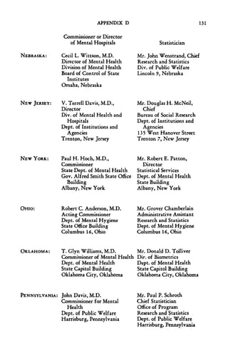 APPENDIX D                                    131

                Commissioner or Director
                  of Mental Hospitals                    Statistician

NEBRASKA:      Cecil L. Wittson, M.D.           Mr. John Wenstrand, Chief
               Director of Mental Health        Research and Statistics
               Division of Mental Health        Div. of Public Welfare
               Board of Control of State        Lincoln 9, Nebraska
                 Institutes
               Omaha, Nebraska


NEW JERSEY:    V. Terrell Davis, M.D.,          Mr. Douglas H. McNeil,
               Director                           Chief
               Div. of Mental Health and        Bureau of Social Research
                 Hospitals                      Dept. of Institutions and
               Dept. of Institutions and          Agencies
                 Agencies                       135 West Hanover Street
               Trenton, New Jersey              Trenton 7, New Jersey


NEW YORK:      Paul H. Hoch, M.D.,              Mr. Robert E. Patton,
               Commissioner                       Director
               State Dept. of Mental Health     Statistical Services
               Gov. Alfred Smith State Office   Dept. of Mental Health
                 Building                       State Building
               Albany, New York                 Albany, New York


OHIO:          Robert C. Anderson, M.D.         Mr. Grover Chamberlain
               Acting Commissioner              Administrative Assistant
               Dept. of Mental Hygiene          Research and Statistics
               State Office Building            Dept. of Mental Hygiene
               Columbus 16, Ohio                Columbus 16, Ohio


OKLAHOMA:      T. Glyn Williams, M.D.           Mr. Donald D. Tolliver
               Commissioner of Mental Health    Dir. of Biometrics
               Dept. of Mental Health           Dept. of Mental Health
               State Capitol Building           State Capitol Building
               Oklahoma City, Oklahoma          Oklahoma City, Oklahoma


PENNSYLVANIA: John Davis, M.D.                  Mr. Paul P. Schroth
              Commissioner for Mental           Chief Statistician
                Health                          Office of Program
              Dept. of Public Welfare           Research and Statistics
              Harrisburg, Pennsylvania          Dept. of Public Welfare
                                                Harrisburg, Pennsylvania
 