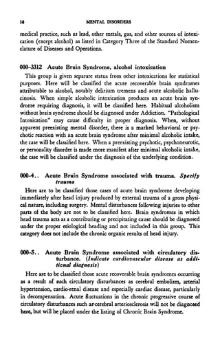 16                           MENTAL DISORDERS

medical practice, such as lead, other metals, gas, and other sources of intoxi-
cation (except alcohol) as listed in Category Three of the Standard Nomen-
clature of Diseases and Operations.


000-3312 Acute Brain Syndrome, alcohol intoxication
   This group is given separate status from other intoxications for statistical
purposes. Here will be classified the acute recoverable brain syndromes
attributable to alcohol, notably delirium tremens and acute alcoholic hallu-
cinosis. When simple alcoholic intoxication produces an acute brain syn-
drome requiring diagnosis, it will be classified here. Habitual alcoholism
without brain syndrome should be diagnosed under Addiction. "Pathological
Intoxication" may cause difficulty in proper diagnosis. When, without
apparent preexisting mental disorder, there is a marked behavioral or psy-
chotic reaction with an acute brain syndrome after minimal alcoholic intake,
the case will be classified here. When a preexisting psychotic, psychoneurotic,
or personality disorder is made more manifest after minimal alcoholic intake,
the case will be classified under the diagnosis of the underlying condition.


000-4.. Acute Brain Syndrome associated with trauma. Specify
                 trauma
  Here are to be classified those cases of acute brain syndrome developing
immediately after head injury produced by external trauma of a gross physi-
cal nature, including surgery. Mental disturbances following injuries to other
parts of the body are not to be classified here. Brain syndromes in which
head trauma acts as a contributing or precipitating cause should be diagnosed
under the proper etiological heading and not included in this group. This
category does not include the chronic organic results of head injury.


000-5.. Acute Brain Syndrome associated with circulatory dis-
                turbance. (Indicate cardiovascular disease as addi-
                tional diagnosis)
   Here arc to be classified those acute recoverable brain syndromes occurring
as a result of such circulatory disturbances as cerebral embolism, arterial
hypertension, cardio-renal disease and especially cardiac disease, particularly
in decompensation. Acute fluctuations in the chronic progressive course of
circulatory disturbances such asxcerebral arteriosclerosis will not be diagnosed
here, but will be placed under the listing of Chronic Brain Syndrome.
 