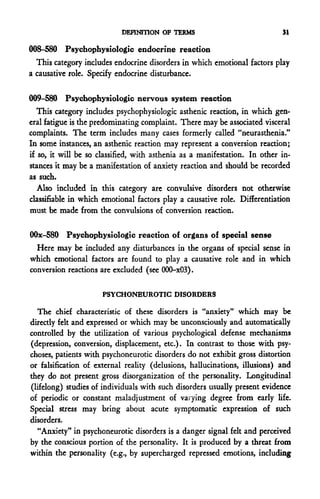 DEFINITION OF TERMS                              31

008-580 Psychophysiologic endocrine reaction
  This category includes endocrine disorders in which emotional factors play
a causative role. Specify endocrine disturbance.

009-580 Psychophysiologic nervous system reaction
   This category includes psychophysiologic asthenic reaction, in which gen-
eral fatigue is the predominating complaint. There may be associated visceral
complaints. The term includes many cases formerly called "neurasthenia."
In some instances, an asthenic reaction may represent a conversion reaction;
if so, it will be so classified, with asthenia as a manifestation. In other in-
stances it may be a manifestation of anxiety reaction and should be recorded
as such.
   Also included in this category are convulsive disorders not otherwise
classifiable in which emotional factors play a causative role. Differentiation
must be made from the convulsions of conversion reaction.

OOx-580 Psychophysiologic reaction of organs of special sense
  Here may be included any disturbances in the organs of special sense in
which emotional factors are found to play a causative role and in which
conversion reactions are excluded (see 000-x03).

                      PSYCHONEUROTIC DISORDERS

   The chief characteristic of these disorders is "anxiety" which may be
directly felt and expressed or which may be unconsciously and automatically
controlled by the utilization of various psychological defense mechanisms
(depression, conversion, displacement, etc.). In contrast to those with psy-
choses, patients with psychoneurotic disorders do not exhibit gross distortion
or falsification of external reality (delusions, hallucinations, illusions) and
they do not present gross disorganization of the personality. Longitudinal
(lifelong) studies of individuals with such disorders usually present evidence
of periodic or constant maladjustment of varying degree from early life.
Special stress may bring about acute symptomatic expression of such
disorders.
   "Anxiety" in psychoneurotic disorders is a danger signal felt and perceived
by the conscious portion of the personality. It is produced by a threat from
within the personality (e.g., by supercharged repressed emotions, including
 