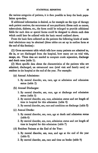 STATISTICAL REPORTING                             55

the various categories of patients, it is then possible to keep the book popu-
lation up-to-date.
   If additional information is desired, as for example on the type of therapy
each patient receives, the occurrence of non-psychiatric illness such as cancer,
tuberculosis, diabetes, etc., the form could be enlarged to provide additional
fields for such data or special forms could be designed to obtain such data
which could later be collated with the basic record outlined above.
   From the basic facts collected on the patients the following kinds of statis-
tical tabulations may be obtained (these tables are set up in outline form at
the end of this Section):
   (1) Gross movement table which tells how many patients are admitted to,
die in, or are discharged from the hospital, how many are on trial visit,
escape, etc. These data are needed to compute crude separation, discharge
and death rates (table 1).
  (2) More specific data about the characteristics of the patients who are
admitted, discharged, on extramural care (trial visit and family care) or
resident in the hospital at the end of the year. For example:
    (a) Annual Admissions:
        1. By mental disorder, sex, race, age at admission and admission
           status (table 2)
    (b) Annual Discharges:
        1. By mental disorder, sex, race, age at discharge and admission
           status (table 3)
        2. By mental disorder, sex, race, admission status and net length of
           time in hospital for this admission (table 4)
        3. By mental disorder, sex, race and condition on discharge (table 5)
    (c) Annual Deaths:
        1. By mental disorder, sex, race, age at death and admission status
           (table 6)
        2. By mental disorder, sex, race, admission status and net length of
           time in hospital for this admission (table 7)
    (d) Resident Patients at the End of the Year:
        1. By mental disorder, sex, race, and age at the end of the year
           (table 8)
        2. By mental disorder, sex, race and time on books (table 9)
 