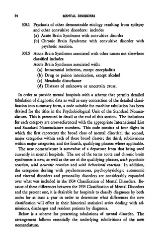 74                            MENTAL DISORDERS

     308.1 Psychosis of other demonstrable etiology resulting from epilepsy
           and other convulsive disorders: includes
           (a) Acute Brain Syndrome with convulsive disorder
           (b) Chronic Brain Syndrome with convulsive disorder with
               psychotic reaction.
     308.5 Acute Brain Syndrome associated with other causes not elsewhere
           classified includes
           Acute Brain Syndrome associated with:
              (a) Intracranial infection, except encephalitis
              (b) Drug or poison intoxication, except alcohol
              (c) Metabolic disturbance
              (d) Diseases of unknown or uncertain cause.

   In order to provide mental hospitals with a scheme that permits detailed
tabulation of diagnostic data as well as easy contraction of the detailed classi-
fication into summary form, a code suitable for machine tabulation has been
devised for the titles in the Psychobiological Unit of the Standard Nomen-
clature. This is presented in detail at the end of this section. The inclusions
for each category are cross-referenced with the appropriate International List
and Standard Nomenclature numbers. This code consists of four digits in
which the first represents the broad class .of mental disorder; the second,
major categories within each of these broad classes; the third, subdivisions
within major categories; and the fourth, qualifying phrases where applicable.
   The new nomenclature is somewhat of a departure from that being used
currently in mental hospitals. The use of the terms acute and chronic brain
syndromes is new, as well as the use of the qualifying phrases, with psychotic
reaction, with neurotic reaction and with behavioral reaction. In addition,
the categories dealing with psychoneuroses, psychophysiologic autonomic
and visceral disorders and personality disorders are considerably expanded
over what was included in the 1934 Classification of Mental Disorders. Be-
cause of these differences between the 1934 Classification of Mental Disorders
and the present one, it is desirable for hospitals to classify diagnoses by both
codes for at least a year in order to determine what differences the new
classification will effect in their historical statistical series dealing with ad-
missions, discharges and resident patients by diagnosis.
   Below is a scheme for presenting tabulations of mental disorder. The
arrangement follows essentially the underlying subdivisions of the new
nomenclature.
 