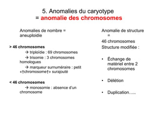 5. Anomalies du caryotype  =  anomalie des chromosomes Anomalies de nombre = aneuploidie > 46 chromosomes    triploïdie : 69 chromosomes    trisomie : 3 chromosomes homologues    marqueur surnuméraire : petit « chromosome » surajouté < 46 chromosomes    monosomie : absence d’un chromosome Anomalie de structure = 46 chromosomes Structure modifiée : Échange de matériel entre 2 chromosomes Délétion Duplication….. 