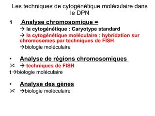 Les techniques de cytogénétique moléculaire dans le DPN 1   Analyse chromosomique =    la cytogénétique :   Caryotype standard    la cytogénétique moléculaire : hybridation sur chromosomes par techniques de FISH  biologie moléculaire Analyse de régions chromosomiques     techniques de FISH  biologie moléculaire  Analyse des gènes  biologie moléculaire 