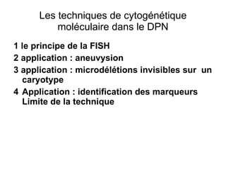 Les techniques de cytogénétique moléculaire dans le DPN 1 le principe de la FISH 2 application : aneuvysion  3 application : microdélétions invisibles sur  un caryotype 4 Application : identification des marqueurs Limite de la technique 
