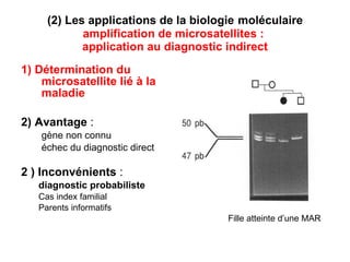 (2) Les applications de la biologie   moléculaire  amplification de microsatellites :  application au diagnostic indirect 1) Détermination du microsatellite lié à la maladie   2) Avantage  : gène non connu échec du diagnostic direct 2 ) Inconvénients  : diagnostic probabiliste Cas index familial Parents informatifs Fille atteinte d’une MAR 