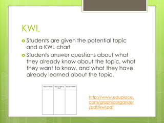 KWL
 Students are given the potential topic
  and a KWL chart
 Students answer questions about what
  they already know about the topic, what
  they want to know, and what they have
  already learned about the topic.



                        http://www.eduplace.
                        com/graphicorganizer
                        /pdf/kwl.pdf
 