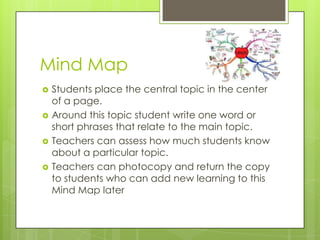 Mind Map
   Students place the central topic in the center
    of a page.
   Around this topic student write one word or
    short phrases that relate to the main topic.
   Teachers can assess how much students know
    about a particular topic.
   Teachers can photocopy and return the copy
    to students who can add new learning to this
    Mind Map later
 