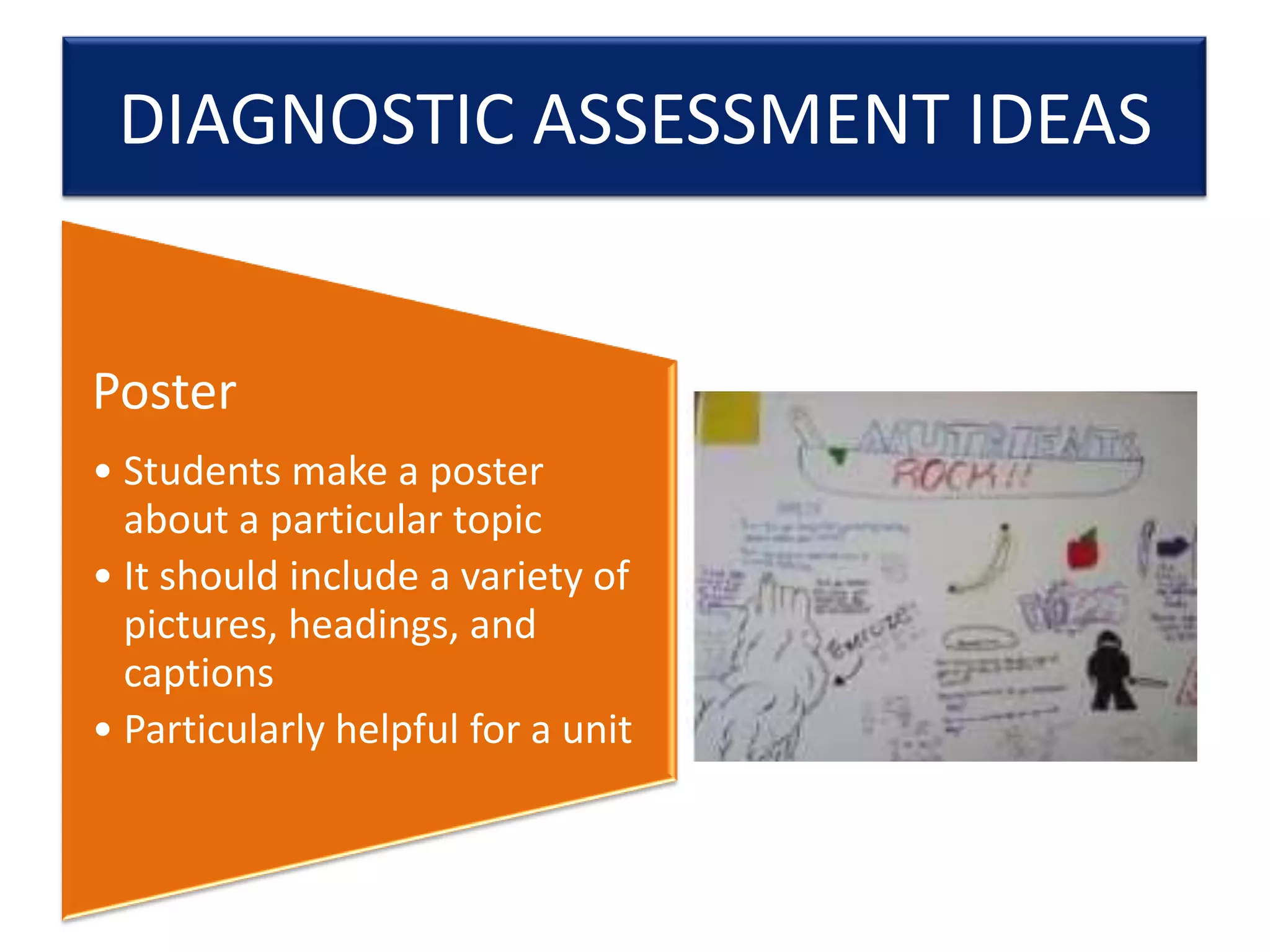 DIAGNOSTIC ASSESSMENT IDEAS

Poster
• Students make a poster
about a particular topic
• It should include a variety of
pictures, headings, and
captions
• Particularly helpful for a unit

 