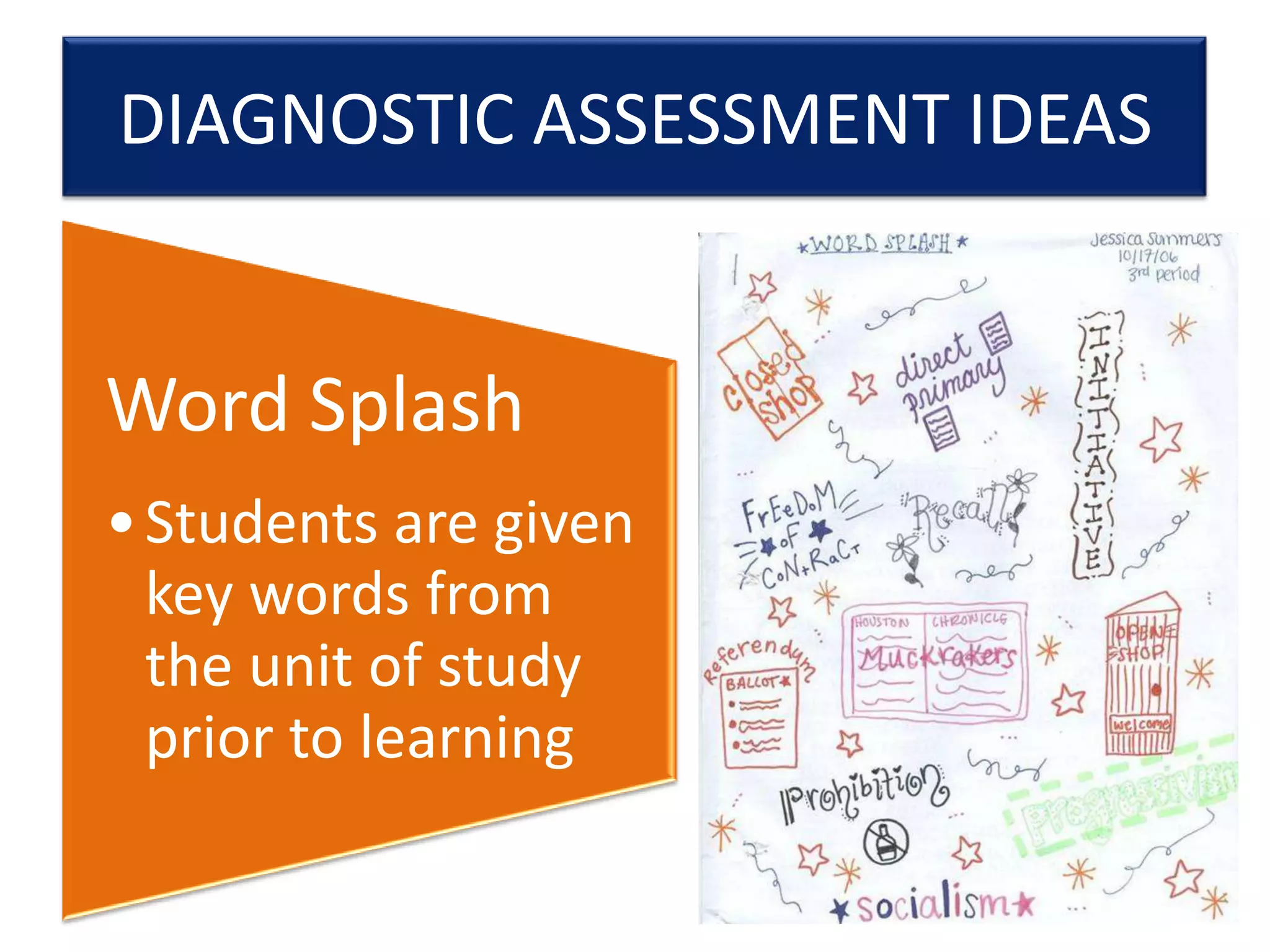 DIAGNOSTIC ASSESSMENT IDEAS

Word Splash
• Students are given
key words from
the unit of study
prior to learning

 