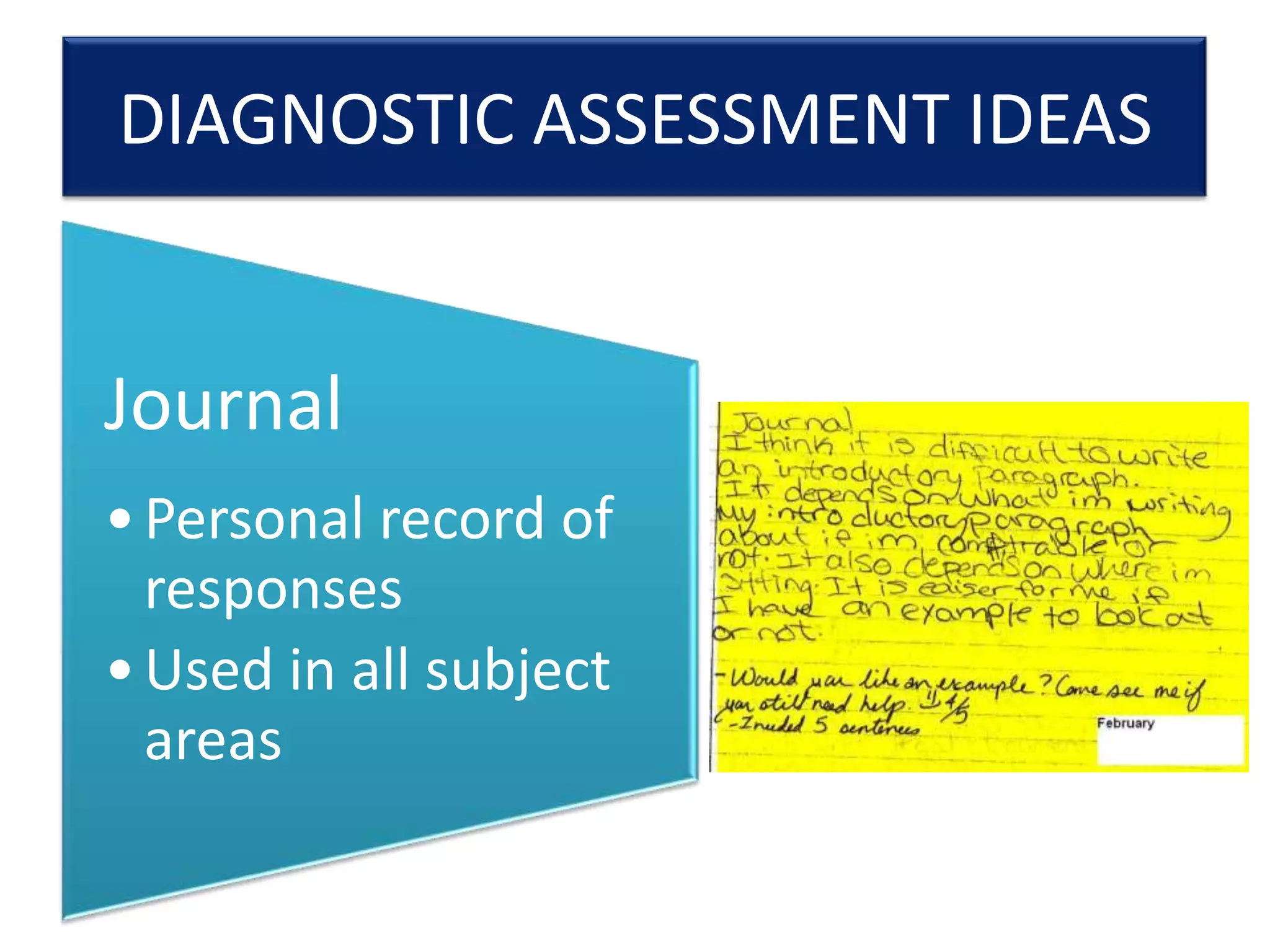 DIAGNOSTIC ASSESSMENT IDEAS

Journal
• Personal record of
responses
• Used in all subject
areas

 