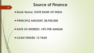 Source of Finance
Bank Name: STATE BANK OF INDIA
PRINCIPLE AMOUNT: 28,950,000
RATE OF INTEREST: 14% PER ANNUM
LOAN TENURE: 12 YEAR
28
 