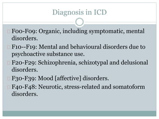 Diagnosis in ICD
F00-F09: Organic, including symptomatic, mental
disorders.
F10--F19: Mental and behavioural disorders due to
psychoactive substance use.
F20-F29: Schizophrenia, schizotypal and delusional
disorders.
F30-F39: Mood [affective] disorders.
F40-F48: Neurotic, stress-related and somatoform
disorders.
 