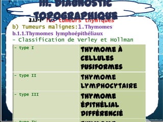 III. Diagnostic
       topographique
     3.1.1-1- les tumeurs thymiques
b) Tumeurs malignes:1.Thymomes
b.1.1.Thymomes lymphoépithéliaux
- Classification de Verley et Hollman
(anapath+++)
 - type I
                      thymome à
                      cellules
                      fusiformes
- type II
                      thymome
                      lymphocytaire
- type III
                      thymome
                      épithélial
                      différencié
 
