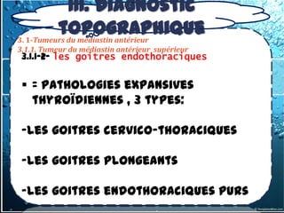 III. Diagnostic
          topographique
3. 1-Tumeurs du médiastin antérieur
3.1.1. Tumeur du médiastin antérieur supérieur
 3.1.1-2- les goitres endothoraciques


  = pathologies expansives
   thyroïdiennes , 3 types:

 -les goitres cervico-thoraciques

 -les goitres plongeants

 -les goitres endothoraciques purs
 