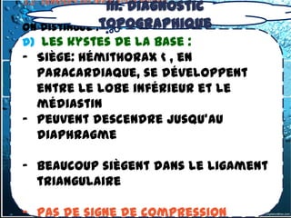 3.2- tumeurs du médiastin Moyen
                III. Diagnostic
3.2 -1. kystes bronchogéniques
On distingue :topographique
d) les kystes de la base :
- Siège: hémithorax < , en
  paracardiaque, se développent
  entre le lobe inférieur et le
  médiastin
- peuvent descendre jusqu'au
  diaphragme

- beaucoup siègent dans le ligament
  triangulaire

- pas de signe de compression
 
