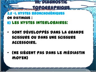 III. Diagnostic
                 topographique
3.2- tumeurs du médiastin Moyen
3.2 -1. kystes bronchogéniques
On distingue :
e) Les kystes interlobaires:

- sont développés dans la grande
  scissure ou dans une scissure
  accessoire.

- (Ne siègent pas dans le médiastin
  moyen)
 