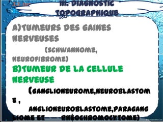 III. Diagnostic
3.3- tumeurs du médiastin postérieur
3.3.1. Tumeurstopographique
              Nerveuses

a)Tumeurs des gaines
nerveuses
        (schwannome,
neurofibrome)
b)Tumeur de la cellule
nerveuse
   (Ganglioneurome,Neuroblastom
e,
    anglioneuroblastome,paragang
liome et    phéochromocytome)
 