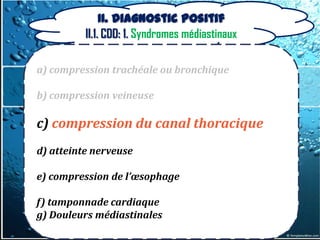 II. Diagnostic positif
          II.1. CDD: 1. Syndromes médiastinaux

a) compression trachéale ou bronchique

b) compression veineuse

c) compression du canal thoracique
d) atteinte nerveuse

e) compression de l’œsophage

f) tamponnade cardiaque
g) Douleurs médiastinales
 