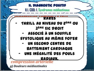 II. Diagnostic positif
          II.1. CDD: 1. Syndromes médiastinaux
 - Hypotension- Rares (bas
                   artérielle
a) compression trachéale ou bronchique
   débit )
    - Thrill au niveau du 2ème ou
b) compression veineuse de kussmaul
 - Pouls paradoxal
                 3ème EIC droit
 - Turgescence des veines jugulaires
         - associé à un souffle
c) compression du canal thoracique
 signent l'envahissement péricardique par la
        systolique au même foyer
d) atteinte nerveuse
 tumeur ou ses extensions lymphatiques,
         - un second centre de
            battement cardiaque
e) compression de l’œsophage
 les troubles du rythme en rapport
  avec - compression du plexus cardiaque
       une une inégalité des pouls
f) tamponnade cardiaque
                      radiaux.
 compression artérielle
g) Douleurs médiastinales
 