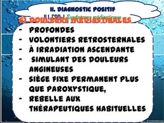 II. Diagnostic positif
     II.1. CDD: 1. Syndromes médiastinaux
g) Douleurs médiastinales
- Profondes
- volontiers retrosternales
- à irradiation ascendante
- simulant des douleurs
   angineuses
- siège fixe permanent plus
   que paroxystique,
- rebelle aux
   thérapeutiques habituelles
 