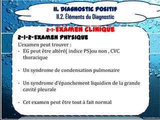 II. Diagnostic positif
                 II.2. Éléments du Diagnostic

            2-1-Examen       clinique
2-1-2-Examen physique
L’examen peut trouver :
- EG peut être altéré( indice PS)ou non , CVC
   thoracique

- Un syndrome de condensation pulmonaire

- Un syndrome d’épanchement liquidien de la grande
  cavité pleurale

- Cet examen peut être tout à fait normal
 