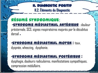 II. Diagnostic positif
                   II.2. Éléments du Diagnostic

Résumé syndromique:
 •Syndrome médiastinal antérieur : douleur
présternale, SCS, signes respiratoires majorés par le décubitus
dorsal .

•Syndrome médiastinal moyen : toux,
dyspnée, wheezing, dysphonie.

•Syndrome médiastinal postérieur :
dysphagie, douleurs radiculaires, manifestations sympathiques,
compression médullaire.
 