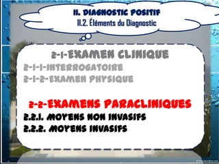 II. Diagnostic positif
          II.2. Éléments du Diagnostic


       2-1-Examen clinique
2-1-1-Interrogatoire
2-1-2-Examen physique

 2-2-Examens paracliniques
2.2.1. Moyens non invasifs
2.2.2. Moyens invasifs
 