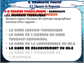 II. Diagnostic positif
                   II.2. Éléments du Diagnostic
2-2-Examen Paraclinique – Noninvasifs
2.2.1.1. radiographie du thorax
 a) Imagerie thoracique
Quelques signes classiques de repérage topographique
méritent d’être rappelés :


• Le signe cervico-thoracique
• Le signe de l’iceberg ou signe
  thoraco-abdominal
• Le signe de la convergence du hile
• Le signe de recouvrement du hile
• Le signe de l’attraction de
  l’œsophage
 