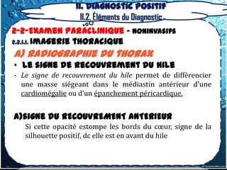II. Diagnostic positif
                   II.2. Éléments du Diagnostic
2-2-Examen Paraclinique – Noninvasifs
2.2.1.1. Imagerie thoracique

a) radiographie du thorax
• Le signe de recouvrement du hile
- Le signe de recouvrement du hile permet de différencier
  une masse siégeant dans le médiastin antérieur d’une
  cardiomégalie ou d’un épanchement péricardique.


a)signe du RECOUVREMENT ANTERIEUR
   Si cette opacité estompe les bords du cœur, signe de la
   silhouette positif, dc elle est en avant du hile
 
