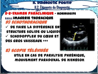 II. Diagnostic positif
                II.2. Éléments du Diagnostic
2-2-Examen Paraclinique – Noninvasifs
2.2.1.1. Imagerie thoracique
d) Echothoracique
 De faire la différence entre
structure solide ou liquidienne ,
 Echodoppler du cœur et
des gros vaisseaux +++

e) Scopie télévisée
    utile en cas de paralysie phrénique,
    mouvement paradoxal de KIENBEOK
 