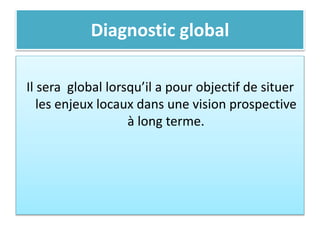 Diagnostic global
Il sera global lorsqu’il a pour objectif de situer
les enjeux locaux dans une vision prospective
à long terme.
 