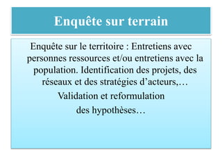 Enquête sur terrain
Enquête sur le territoire : Entretiens avec
personnes ressources et/ou entretiens avec la
population. Identification des projets, des
réseaux et des stratégies d’acteurs,…
Validation et reformulation
des hypothèses…
 