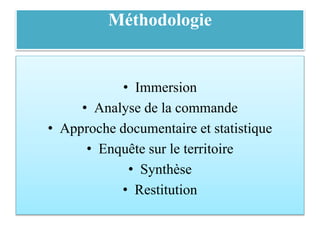 Méthodologie
• Immersion
• Analyse de la commande
• Approche documentaire et statistique
• Enquête sur le territoire
• Synthèse
• Restitution
 