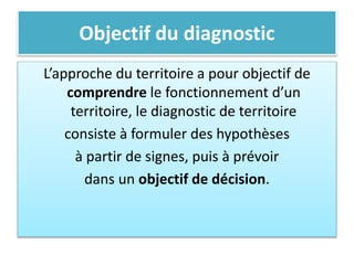 Objectif du diagnostic
L’approche du territoire a pour objectif de
comprendre le fonctionnement d’un
territoire, le diagnostic de territoire
consiste à formuler des hypothèses
à partir de signes, puis à prévoir
dans un objectif de décision.
 