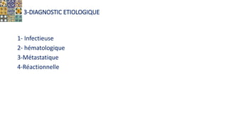 3-DIAGNOSTIC ETIOLOGIQUE
1- Infectieuse
2- hématologique
3-Métastatique
4-Réactionnelle
 