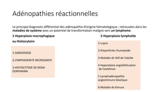 Adénopathies réactionnelles
Le principal diagnostic différentiel des adénopathie d’origine hématologique ; retrouvées dans les
maladies de système avec un potentiel de transformation maligne vers un lymphome .
1-Hyperplasie macrophagique 2-Hyperplasie lymphoïde
ou Histiocytaire
1-SARDOIDOSE
2-LYMPHADENITE NECROSANTE
3-HISTIOCYTOSE DE ROSAI
DORFMANN
1-Lupus
2-Polyarthrite rhumatoide
3-Maladie de Still de l’adulte
4-Hyperplasie angiofolliculaire
de Castelman
5-Lymphadénopathie
angioimmuno blastique
6-Maladie de Kimura
 