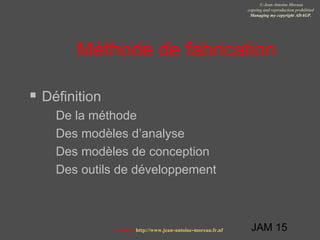 JAM 15
© Jean-Antoine Moreau
copying and reproduction prohibited
Managing my copyright ADAGP.
Contact http://www.jean-antoine-moreau.fr.nf
Méthode de fabrication
 Définition
 De la méthode
 Des modèles d’analyse
 Des modèles de conception
 Des outils de développement
 